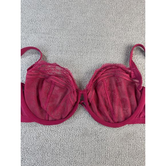 Cacique Bra Unlined Demi Sheer Lace Burgundy Sexy Lingerie Size 44D - Picture 3 of 9
